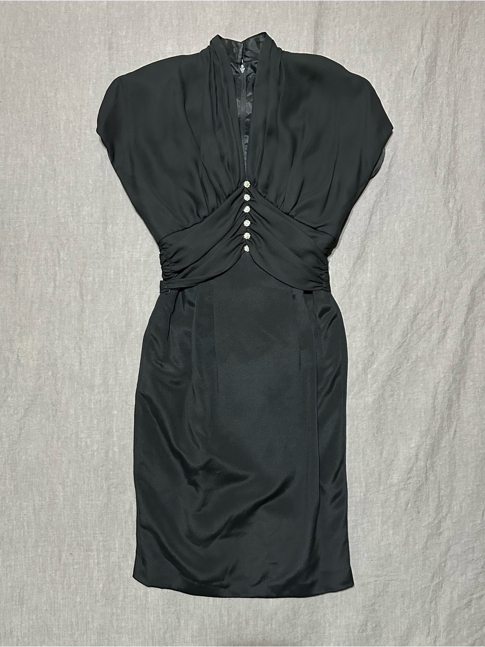 Black Ruched Front Mini Dress with Rhinestone Buttons